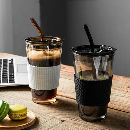 Premium Coffee Cup Glass Mug With Lid And Straw